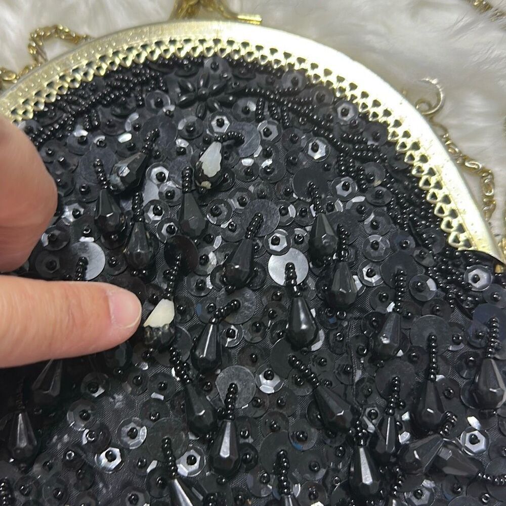 Vintage Black Fringe Sequin Purse Clutch Crossbody Evening Bag - Picture 6 of 11